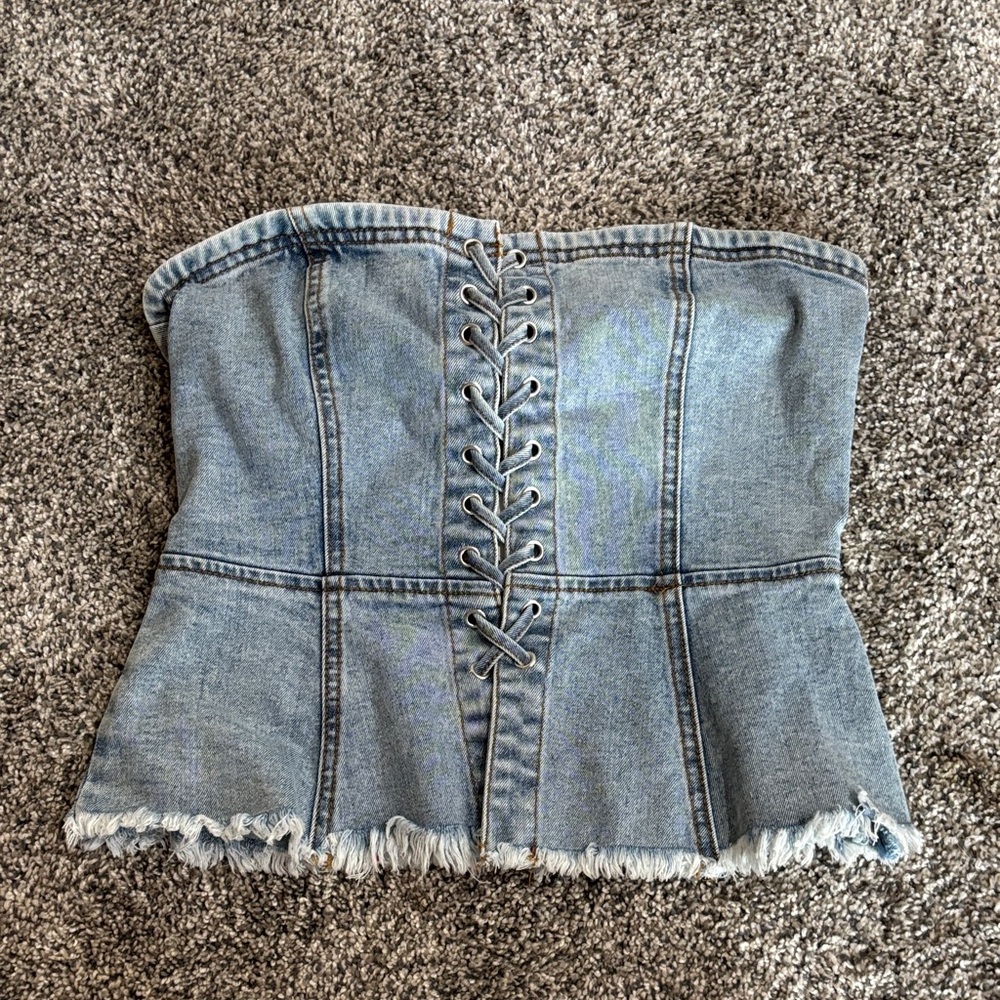 Forever 21 Blue Denim Lace-Up Crop Top